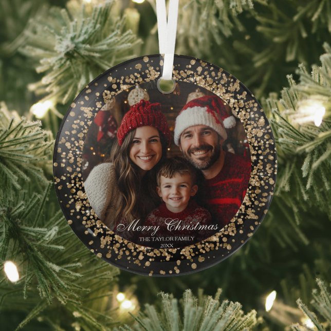 Modern Elegant Gold Glitter Christmas Family Photo Glass Tree Decoration (Insitu)