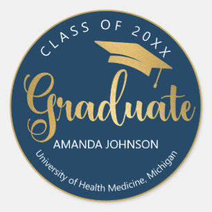 Modern Elegant Gold Graduate Navy Blue Graduation Classic Round Sticker
