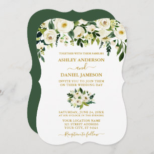 Modern Elegant Gold Green White Floral Wedding Invitation