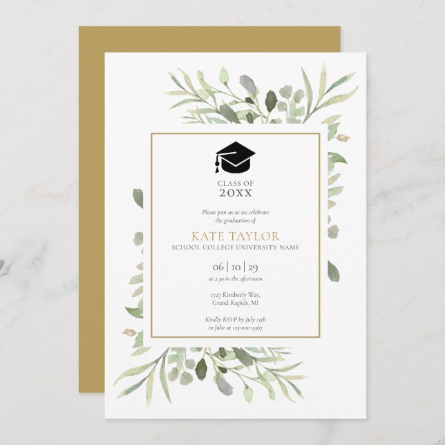 Modern Elegant Gold Greenery Graduation Party Invitation (Front/Back)