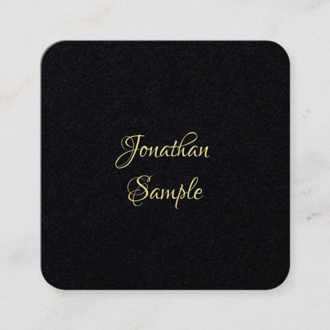 Modern Elegant Gold Hand Script Text Premium Black Square Business Card (Front)
