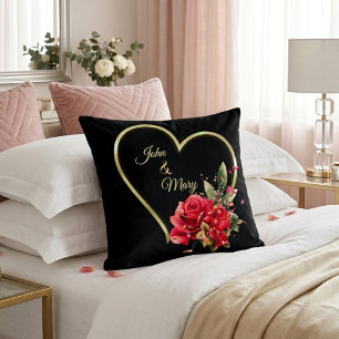 Modern Elegant Gold Heart And Roses Black Cushion