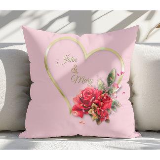 Modern Elegant Gold Heart And Roses Blush Pink Cushion