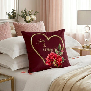 Modern Elegant Gold Heart And Roses Red Cushion