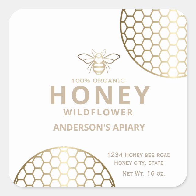 Modern elegant  gold honey bee honey   square sticker (Front)