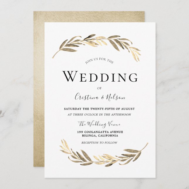 Modern Elegant Gold Leaf All Seasons Wedding Invitation (Front/Back)