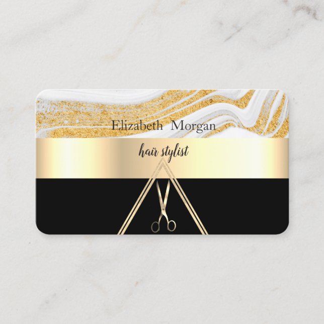 Modern Elegant Gold Marble Stone Black,Scissors Business Card (Front)
