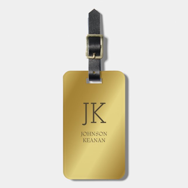 Modern Elegant Gold Metallic monogrammed Name  Luggage Tag (Front Vertical)