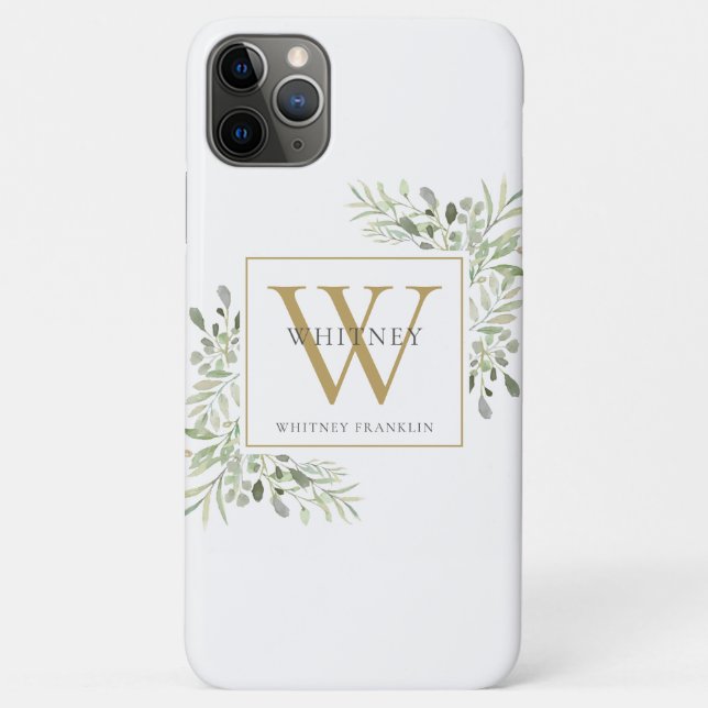 Modern Elegant Gold Monogram Greenery Case-Mate iPhone Case (Back)