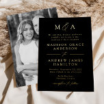 Modern Elegant Gold Monogram Photo Wedding<br><div class="desc">Make a bold statement with this minimalist modern wedding invitation, featuring your monogram initials and wedding details in luxurious gold foil lettering. Elegant calligraphy script accents add a refined touch to the sleek design. The striking black background can be customised to any colour you prefer, perfectly matching your wedding palette....</div>