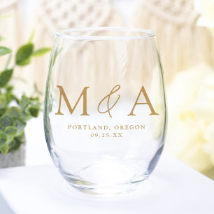 Modern Elegant Gold Monogram Wedding Favour Stemless Wine Glass