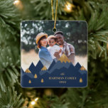 Modern Elegant Gold Mountains Photo Christmas Ceramic Ornament<br><div class="desc">This unique photo Christmas ornament features a modern mountain range design at the bottom of the ornament,  including faux gold foil elements.  The front and back contain the same design. Perfect for displaying a family photo to commemorate the year!</div>