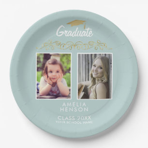 Modern Elegant Gold Ornament 2 Photo Graduation Paper Plate