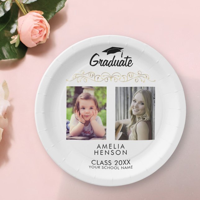 Modern Elegant Gold Ornament 2 Photo Graduation Paper Plate (Creator Uploaded)