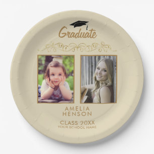 Modern Elegant Gold Ornament 2 Photo Graduation Paper Plate