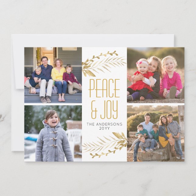 Modern Elegant Gold Peace Joy Christmas 5 Photo Holiday Card (Front)