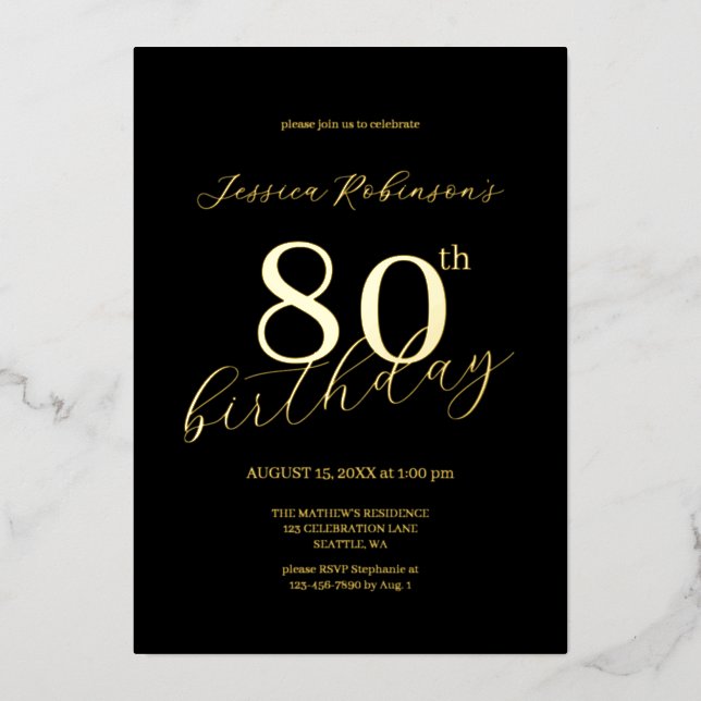 Modern Elegant Gold Script Eightieth Birthday  (Front)