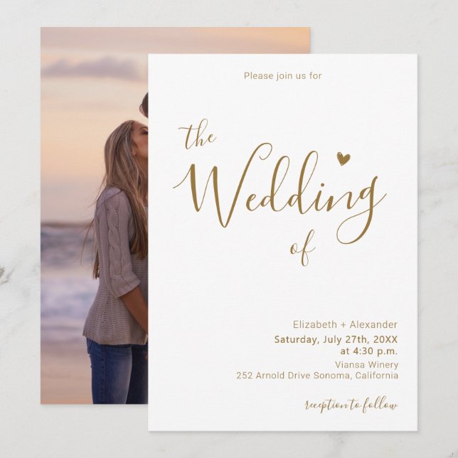 Modern Elegant Gold Script Heart Photo Wedding  Invitation (Front/Back)
