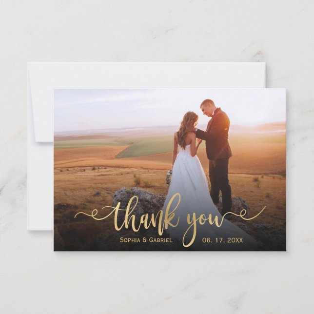 Modern Elegant Gold Script Photo Overlay Wedding  Thank You Card (Front)