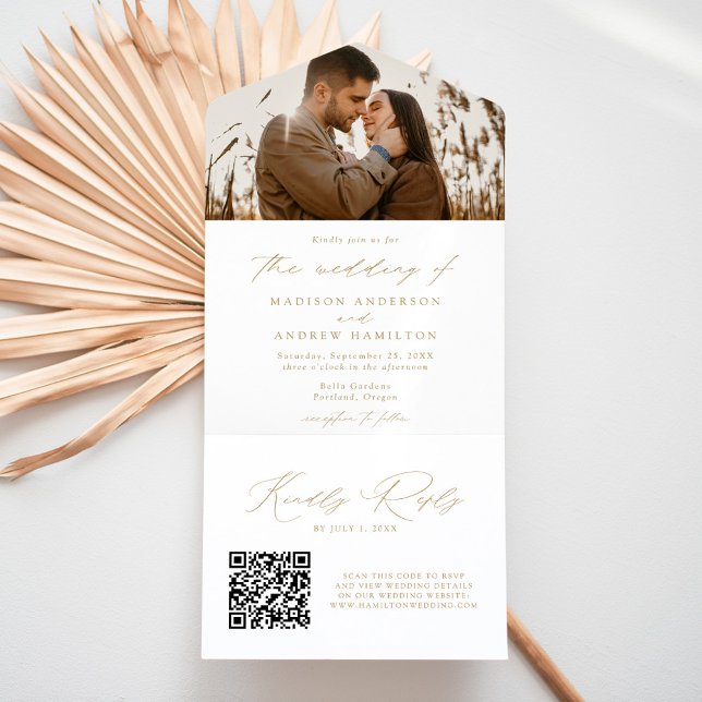 Modern Elegant Gold Script Photo Wedding All In One Invitation (Creator Uploaded)