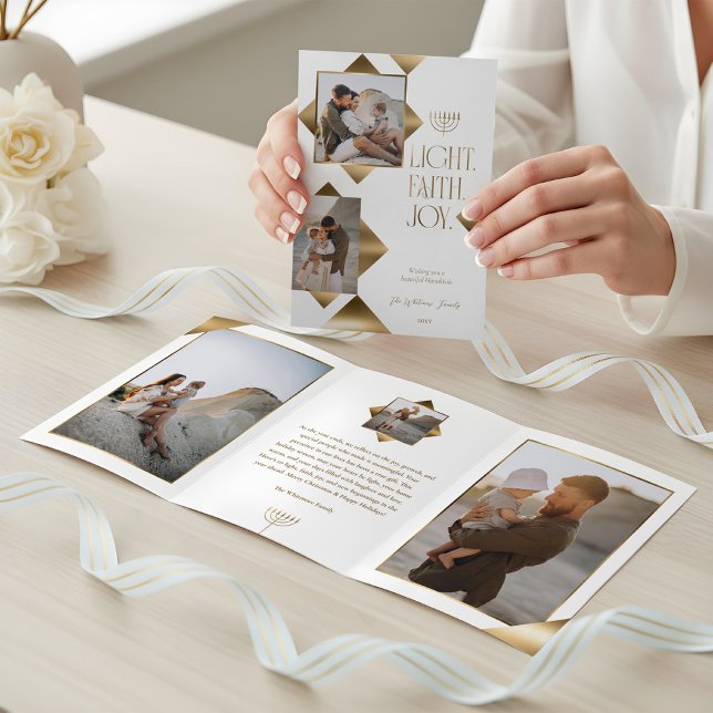 Modern Elegant Gold Star Family Photos Hanukkah Tri-Fold Holiday Card (Modern Elegant Gold Star Family Photos Hanukkah Tri-Fold Holiday Card)