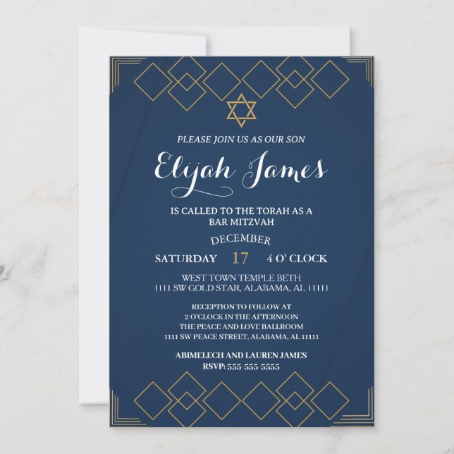 Modern Elegant Gold Star of David Bar Mitzvah Invitation (Front)