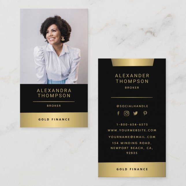 Modern Elegant Gold Stripe CEO Professional Photo Business Card (Front/Back)