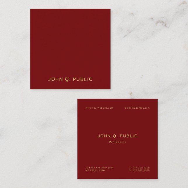Modern Elegant Gold Text Burgundy Red Luxury Silk Square Business Card (Front/Back)