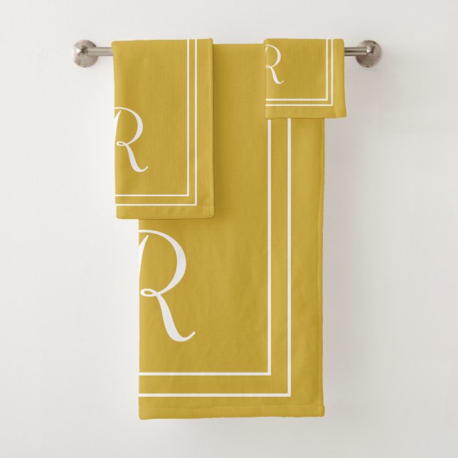 Modern Elegant Gold & White Monogram Bathroom Bath Towel Set (Insitu)