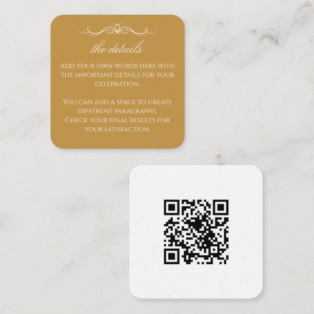Modern Elegant Gold & White Wedding QR Details Enclosure Card (Front/Back)