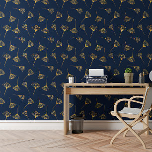Modern Elegant Golden Flower Blue Floral Pattern Wallpaper