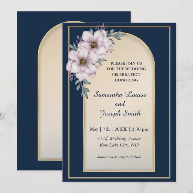 Modern elegant golden frame roses navy blue invitation (Front/Back)