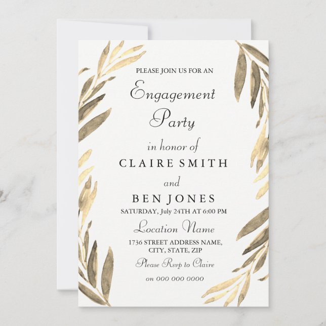 Modern Elegant Golden Leaf Engagement Party Invite (Front)