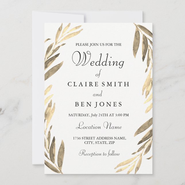 Modern Elegant Golden Leaf Wedding Invitation (Front)