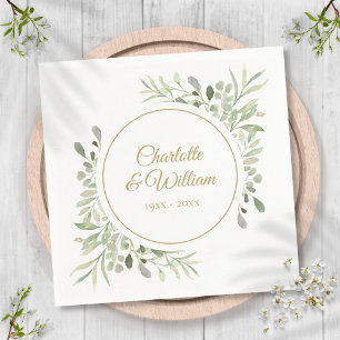 Modern Elegant Golden Script Greenery Napkin