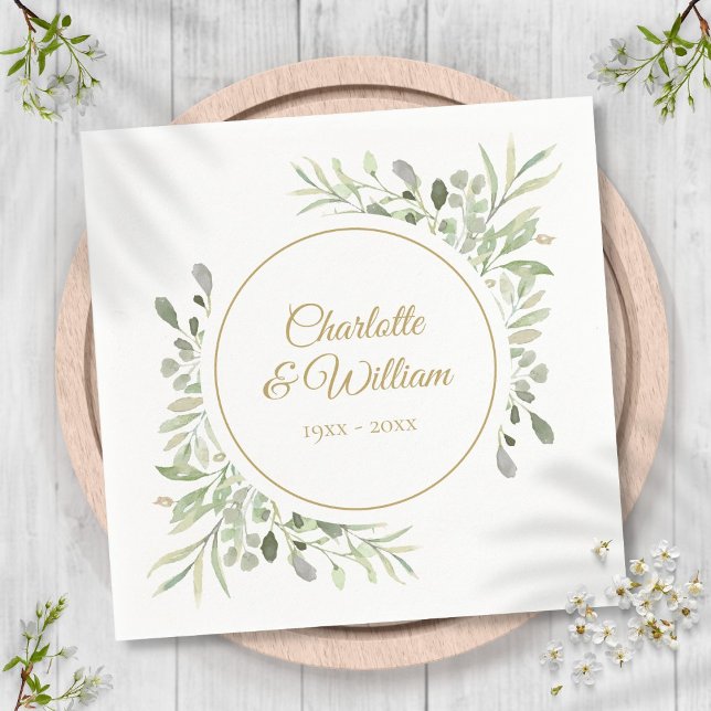Modern Elegant Golden Script Greenery Napkin (Creator Uploaded)