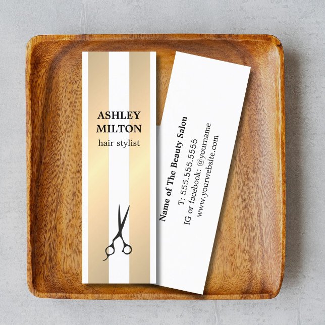 Modern Elegant Golden Stripes Hairdresser Mini Business Card (Creator Uploaded)