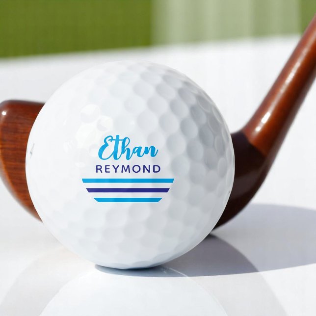 Modern Elegant Golfer Blue Name 3 Stripes  Golf Balls (Creator Uploaded)
