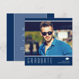 Modern Elegant Graduate Stylish Photo Blue & White Announcement