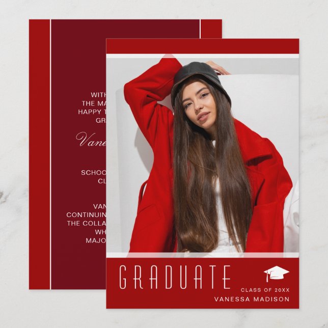 Modern Elegant Graduate Stylish Photo Red Announcement (Front/Back)