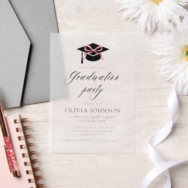 Modern Elegant Graduation Cap Pink Bow Graduation  Vellum Invitations (Wedding)