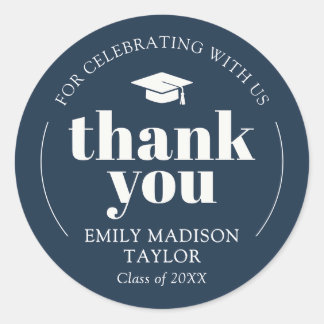 Modern Elegant Graduation Thank You Navy Blue Classic Round Sticker