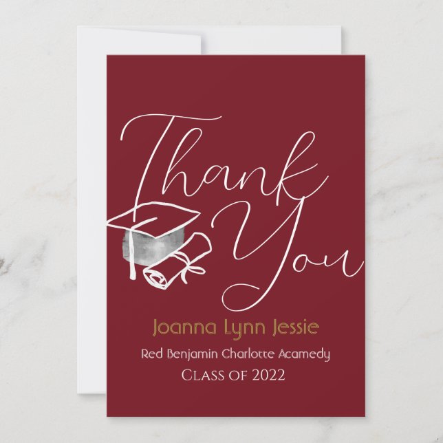 Modern Elegant Graduation white Cap Thanks Script  Thank You Card (Front)