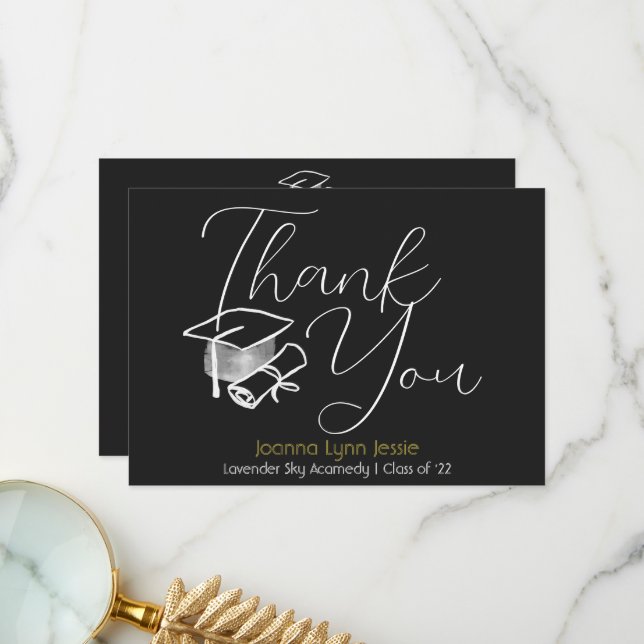 Modern Elegant Graduation white Cap Thanks Script  Thank You Card (Front/Back In Situ)