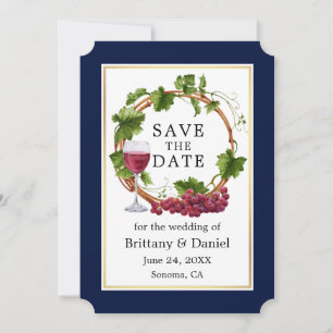 Modern Elegant Grape Vines Watercolor Wreath Blue Save The Date