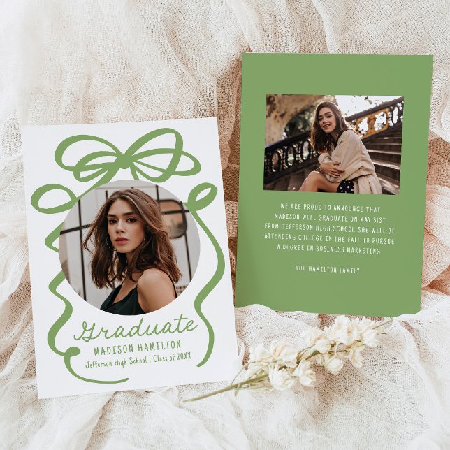 Modern Elegant Green Bow 2 Photo Graduation Announcement (Creator Uploaded)