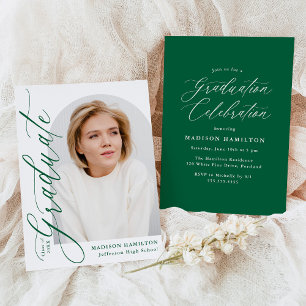 Modern Elegant Green Calligraphy Photo Graduation Invitation