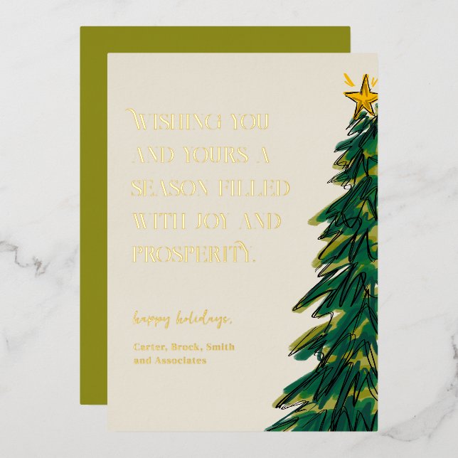 Modern Elegant Green Christmas Tree Sketch Gold (Front/Back)