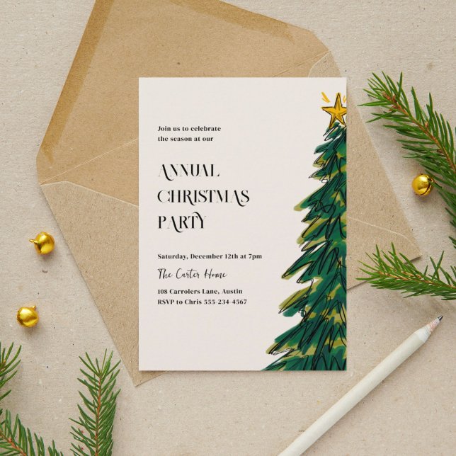 Modern Elegant Green Christmas Tree Sketch Holiday Card (Christmas tree sketch holiday party invitation.)