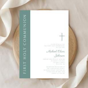 Modern Elegant Green Cross Boy First Communion Invitation